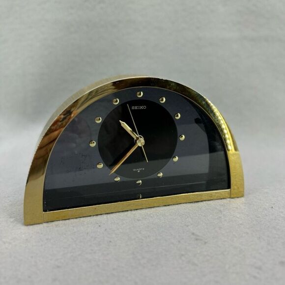 Seiko Quartz Half Moon Gold Tone Black Dial Mantle Clock - Picture 10 of 11